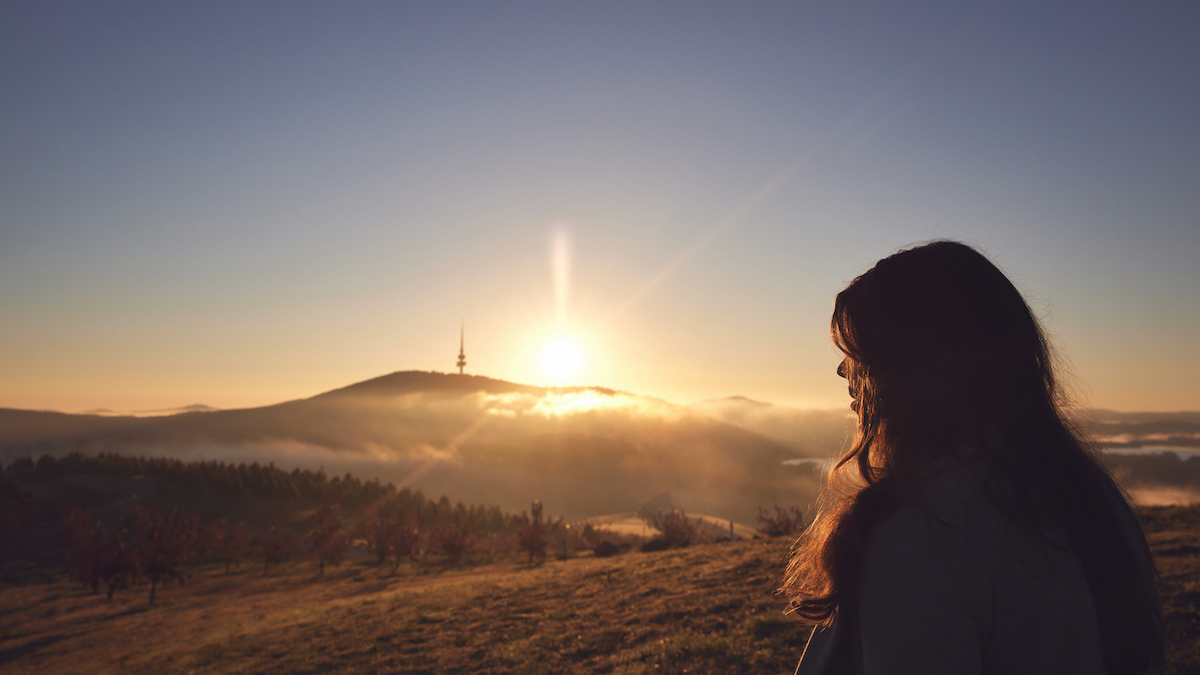 A person looks over Canberra during sunset from the National Arboretum.